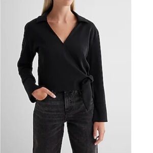 Express Collared V-Neck Wrap Front Tie Waist Top Black